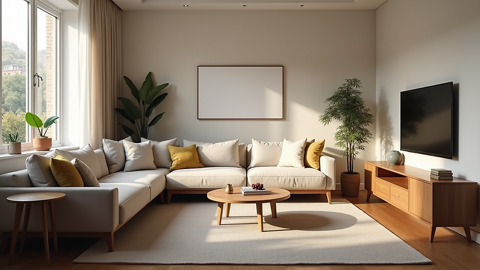 Wide angle view of a comfortable living room interior