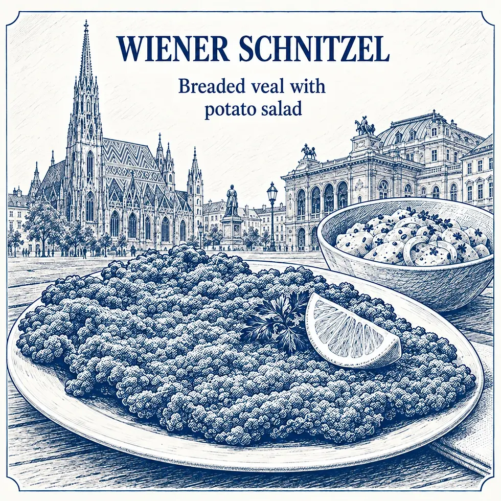 Golden Wiener Schnitzel served with lemon and traditional Austrian potato salad.