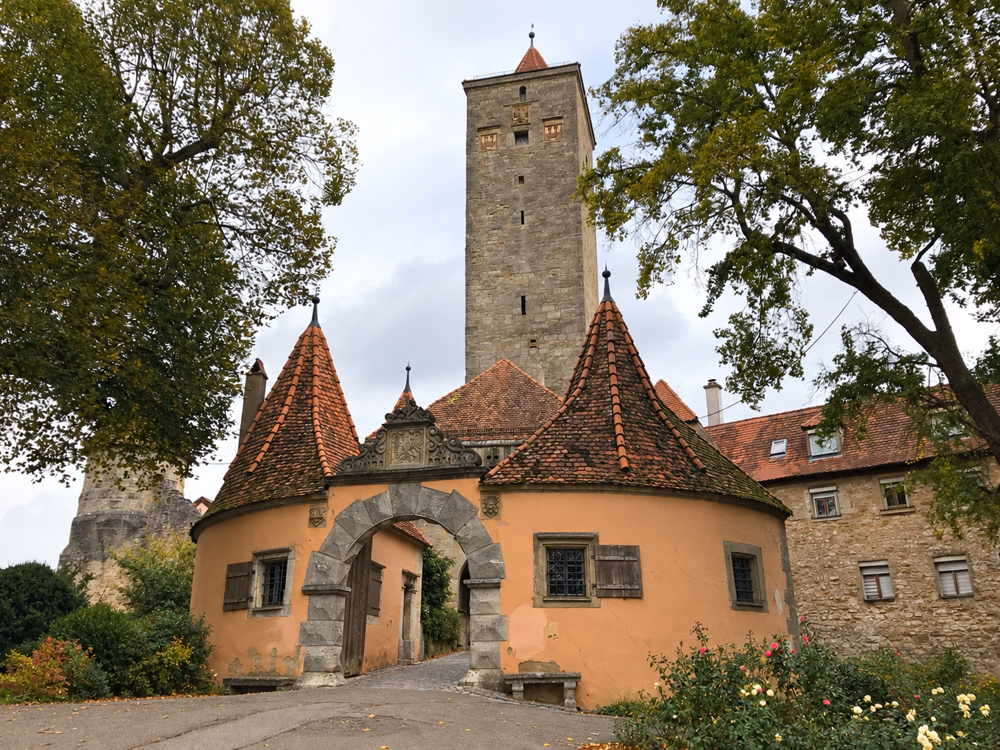 Fortified Burgtor entrance leading from Rothenburg’s old town into the Castle Garden.