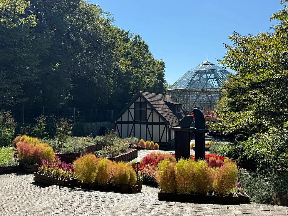 Colorful garden beds beside a timber-framed building and glass conservatory surrounded by trees.