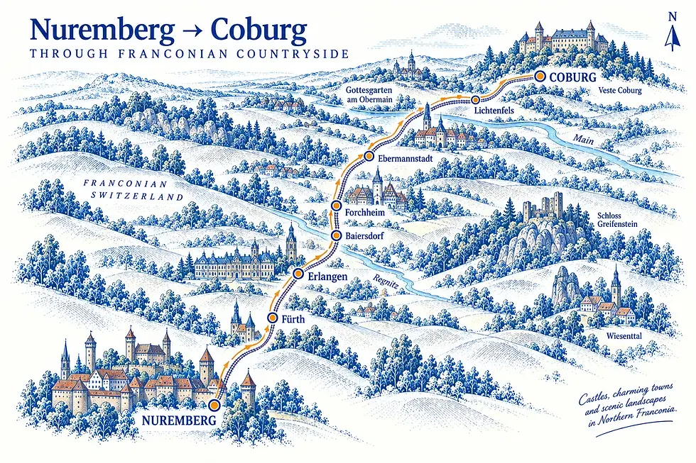 Illustrated route from Nuremberg to Coburg through Franconian countryside, passing Fürth, Erlangen, Forchheim and Lichtenfels.