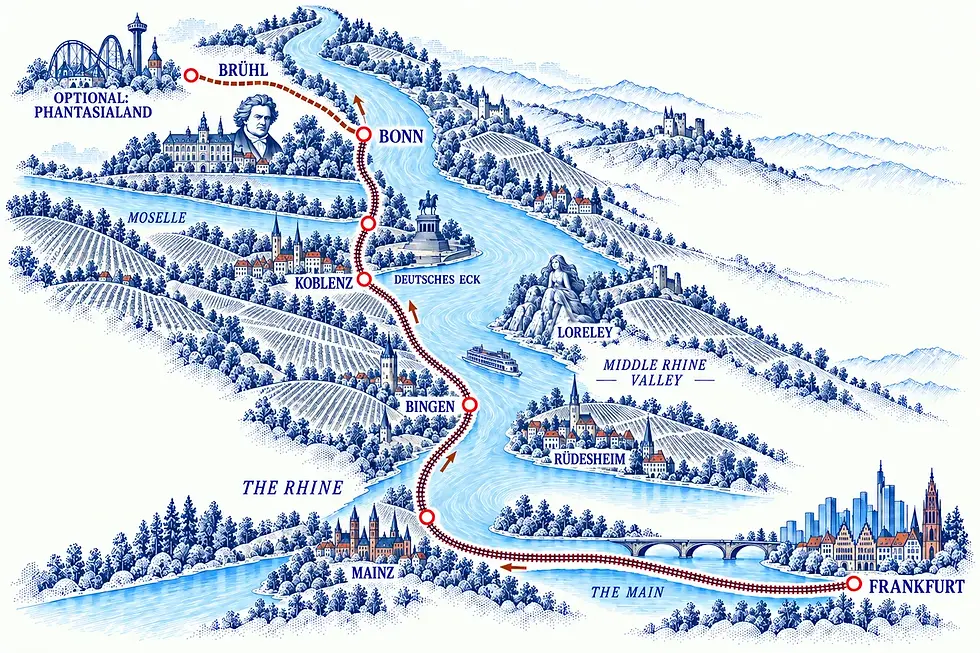 Illustrated Rhine journey map showing the route from Mainz through Rüdesheim, Bingen, Koblenz and Bonn to Brühl.