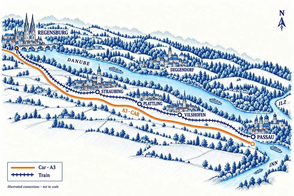Illustrated route from Regensburg to Passau by car and train for a day trip