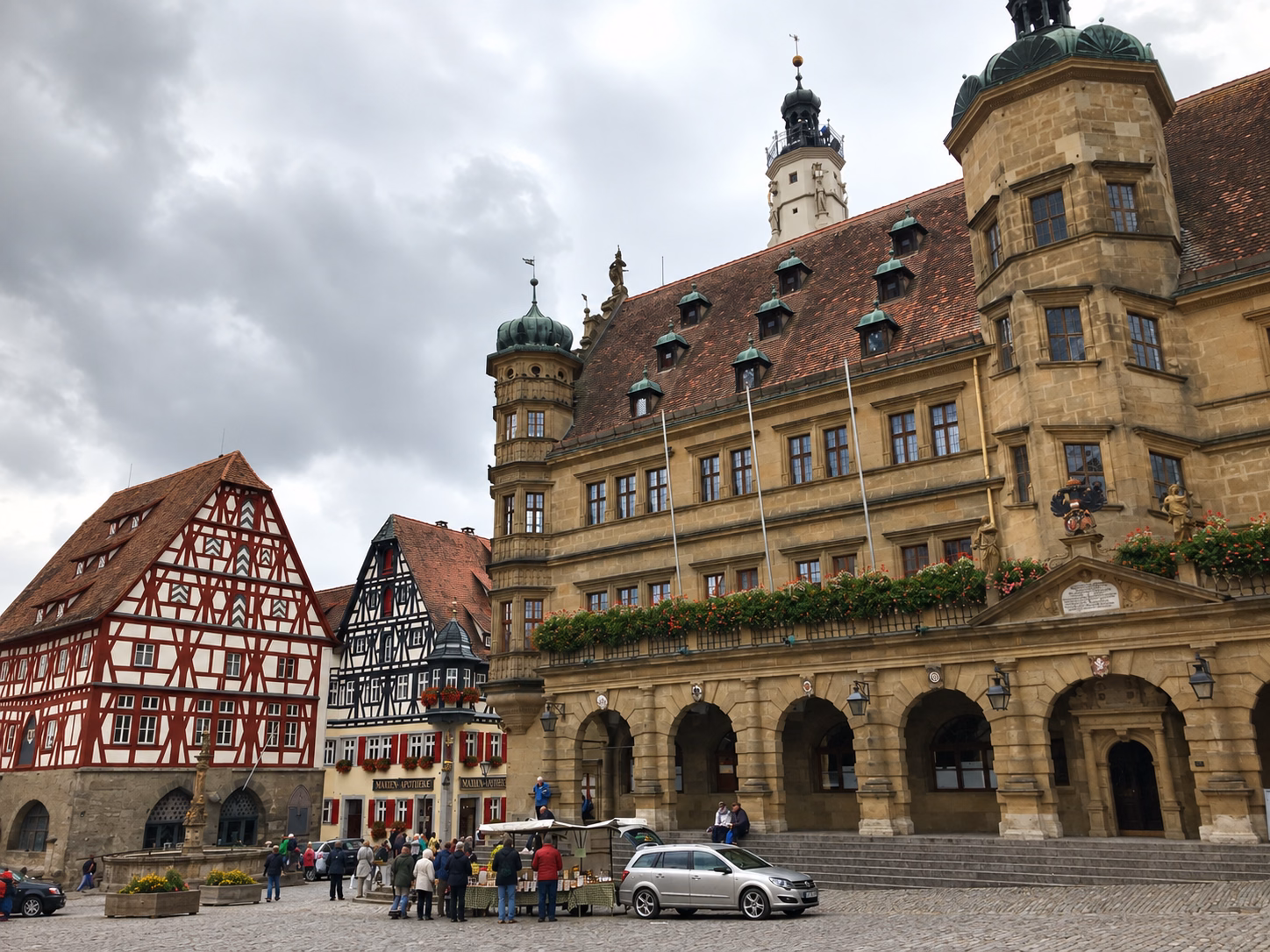 Rothenburg’s Renaissance Town Hall and half-timbered buildings overlooking the historic Marktplatz.