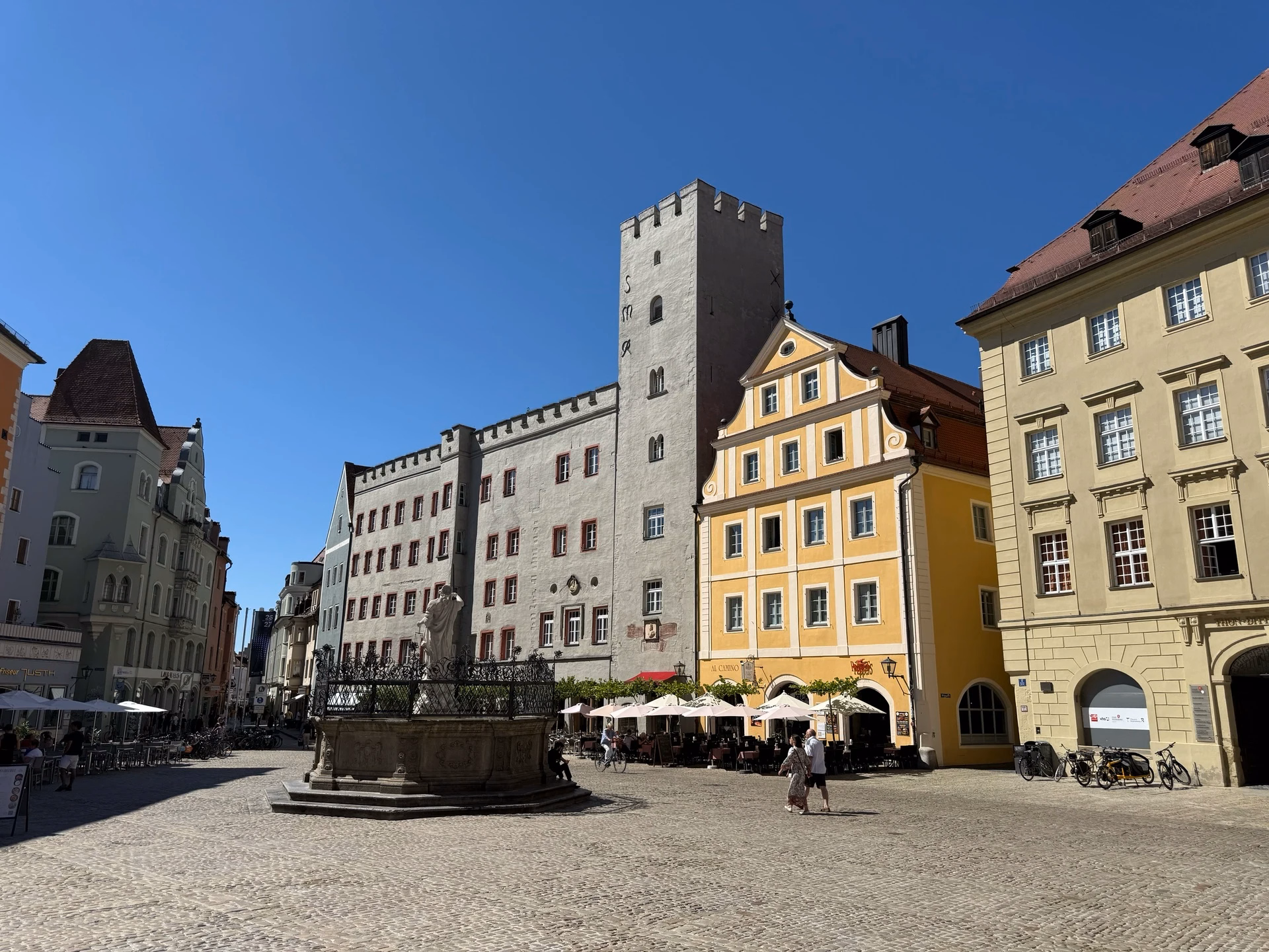 Haidplatz square and historic buildings in Regensburg Old Town