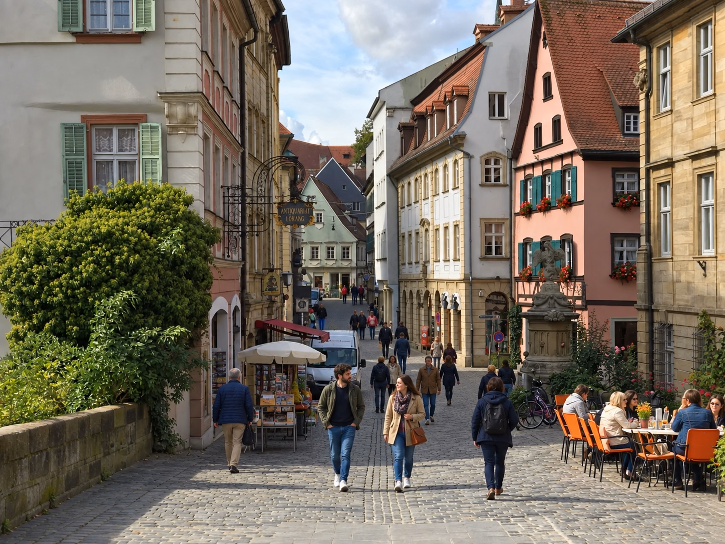 Cobblestoned street lined with colorful historic buildings and cafés in Bamberg’s hilly Old Town.