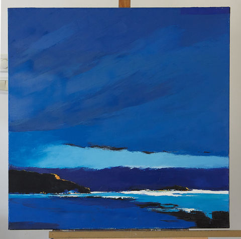 tableau fait à la peinture à l'huile représentant un ciel bleu magnifique et une plage bleu