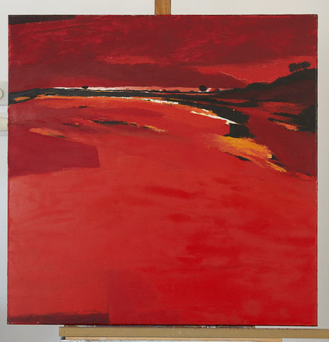 tableau fait à la peinture à l'huile représentant une plage rouge avec un coucher du soleil