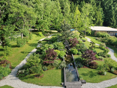Grüner Meditationsgarten mit gewundenen Kieswegen, japanisch inspirierten Pflanzeninseln, einem länglichen Holzsteg über einem klaren Wasserlauf, umgeben von Bäumen und Wald im Hintergrund.