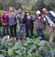 Team of men and women planting a tree as part of a permaculture service project in Peru's sacred valley