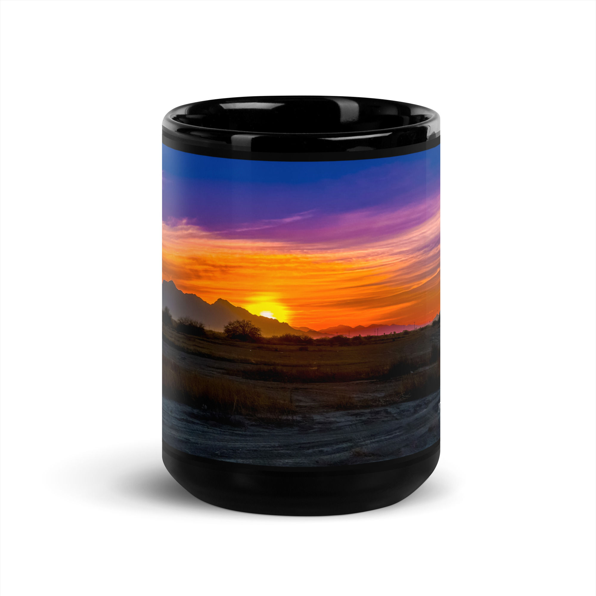 15 oz. Black Glossy Mug Newman's Mountain and Picacho Peak Sunset - Eloy AZ