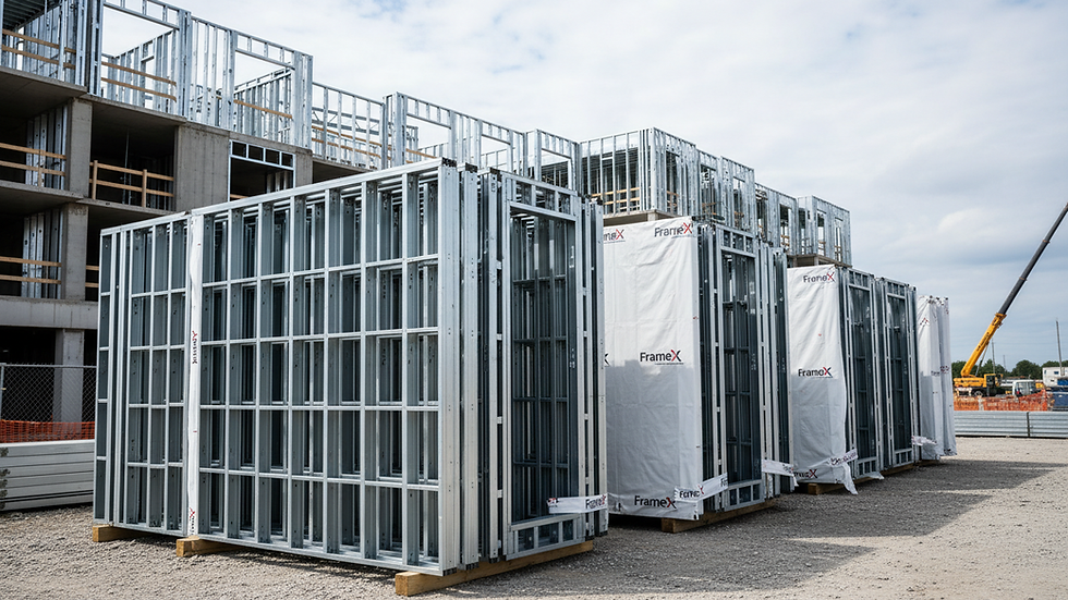 Eye-level view of cold-formed steel framing panels stacked at a construction site