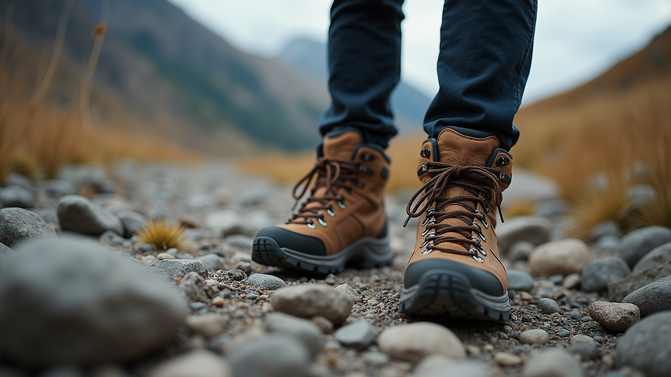 Close-up of hiking boots on rocky terrain