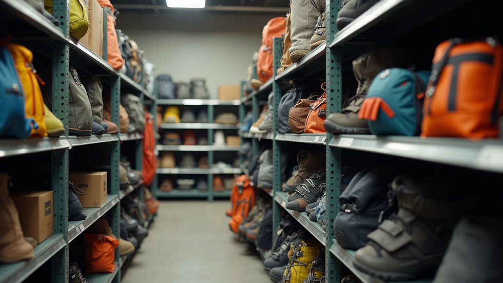 High angle view of a well-organized outdoor gear store shelf