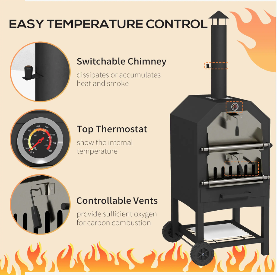 Thumbnail: Steel 3-Tier Outdoor Pizza Oven Charcoal BBQ Grill, Black
