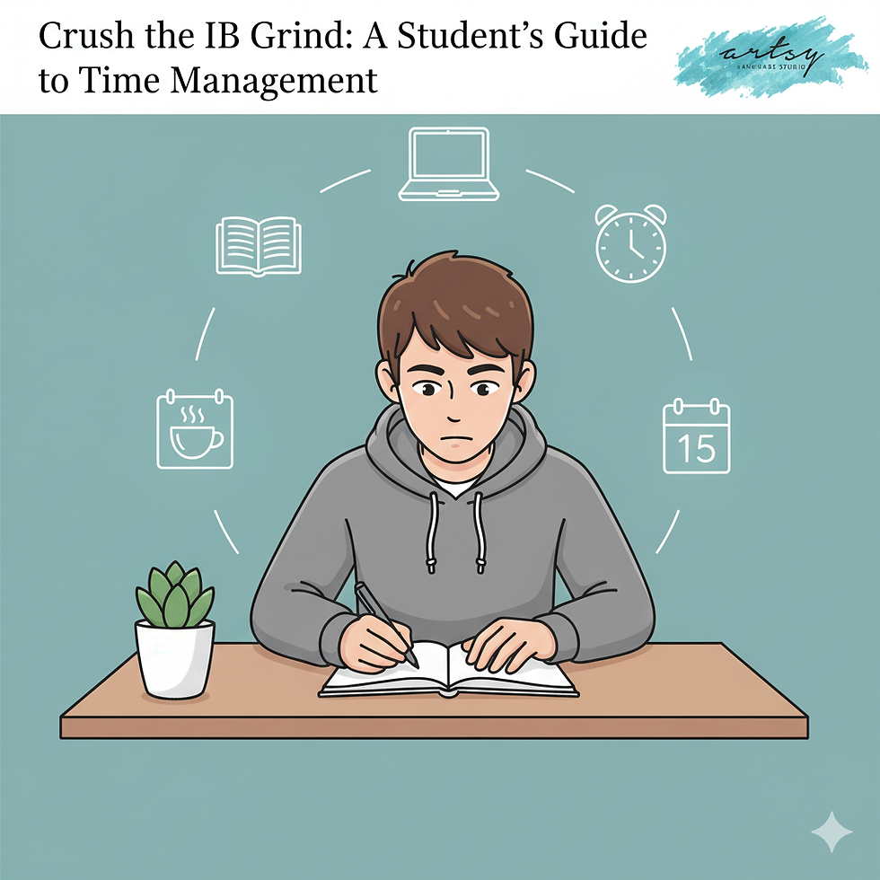 A stylized illustration of a student at a desk with floating icons representing school subjects, a clock, and a calendar.