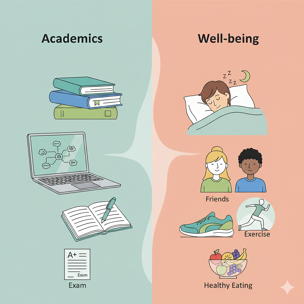 A stylized illustration divided into two sections, "Academics" and "Well-being." The academic side shows books and a laptop, while the well-being side shows a person sleeping, friends, exercise, and healthy eating.