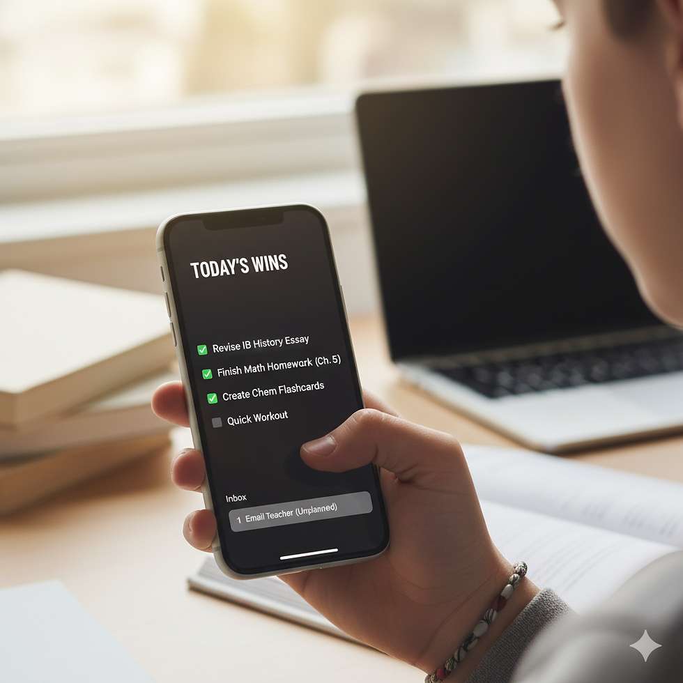 A close-up shot of a smartphone screen showing a checklist titled "TODAY'S WINS" with a list of completed academic and personal tasks like "Revise IB History Essay" and "Quick Workout."