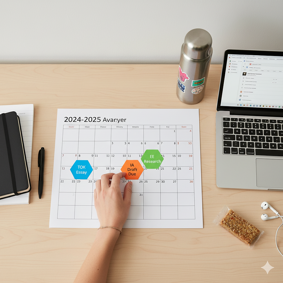 An overhead shot of a hand placing a colorful deadline sticker on a blank yearly wall calendar.