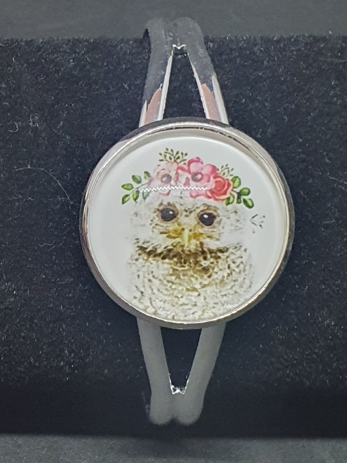Bracelet bangle chouette et fleurs
