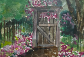 Watercolor and Gouache Flowers and Garden Gate
