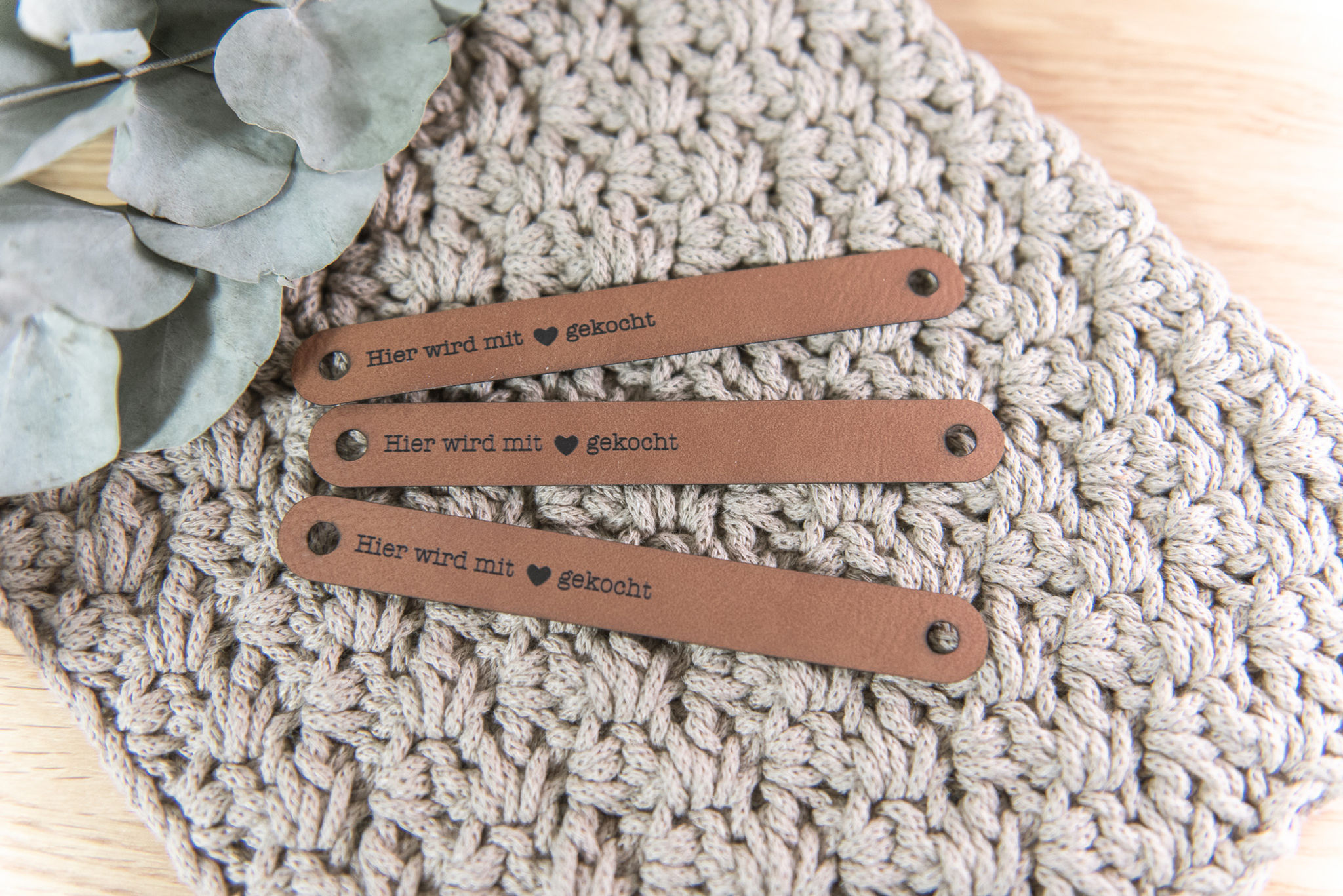 Label für Topflappen "... gekocht“ mit Schraube