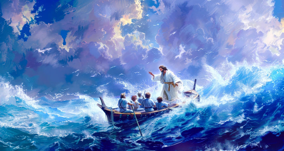 Jesús calma la tormenta mientras navega con sus discípulos en medio del mar