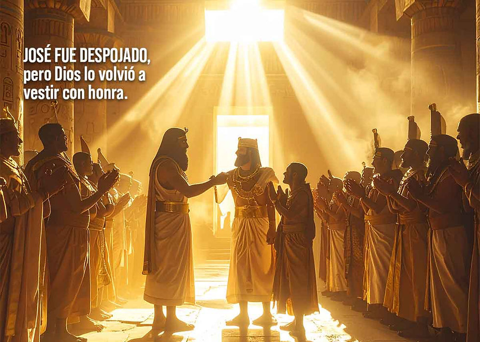 José es honrado por el faraón y vestido con túnica nueva, simbolizando cómo Dios restaura lo que se perdió.