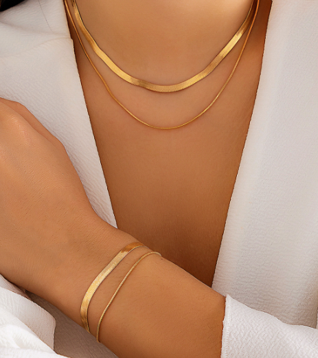London Gold Necklace - Double Layer Snake Chain Set