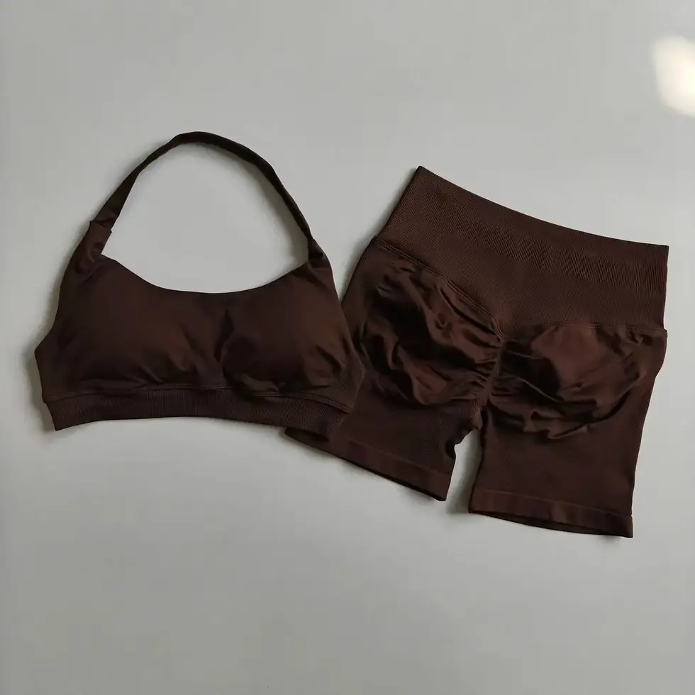 Thumbnail: Sexy Halter Neck Beautiful Back High Waist Peach Sports Bras Shorts Suit Pilates