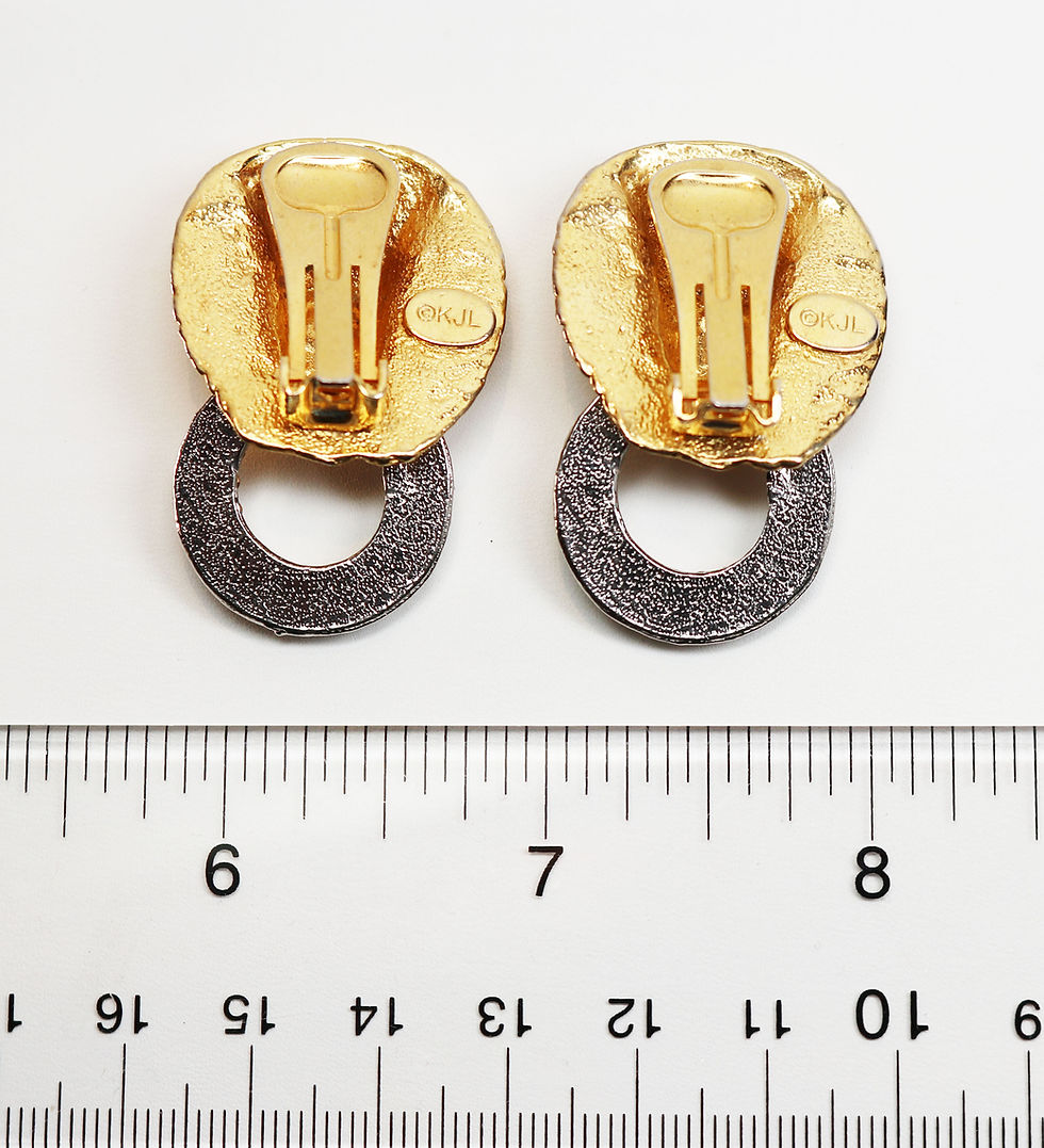 Miniatyrbilde: KJL Lion's Head Diamanté Earrings ~ Clear & Green Crystals and Gold Plating