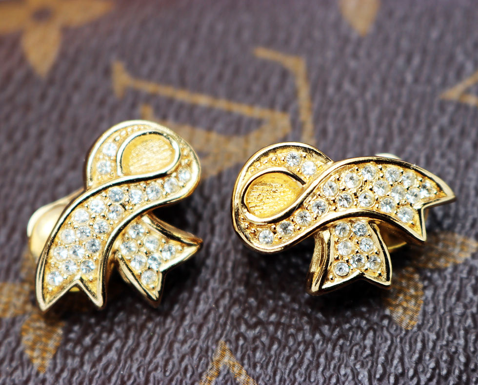 Thumbnail: ⚜️ Vintage CHRISTIAN DIOR© Crystal Encrusted Gold Ribbon Earrings - NWT