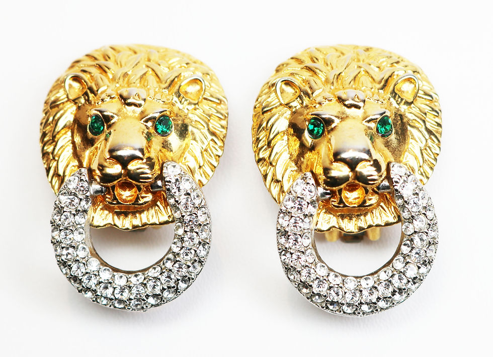 Miniatyrbilde: KJL Lion's Head Diamanté Earrings ~ Clear & Green Crystals and Gold Plating
