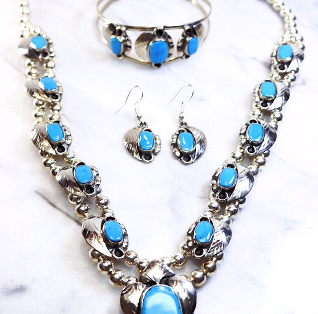 Thumbnail: Turquoise in Sterling Silver Necklace, Bracelet & Earring Parure - Signed