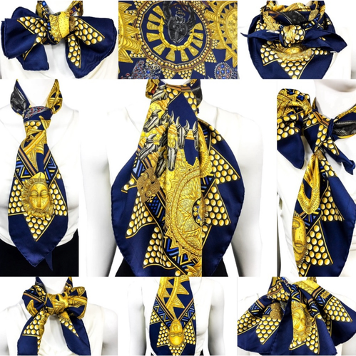Hermès Scarf “L'or des Chefs” Navy & Gold Silk Scarf ~ RARE