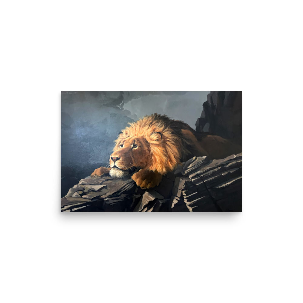 Male lion resting on dark rocks there is a Coming Storm