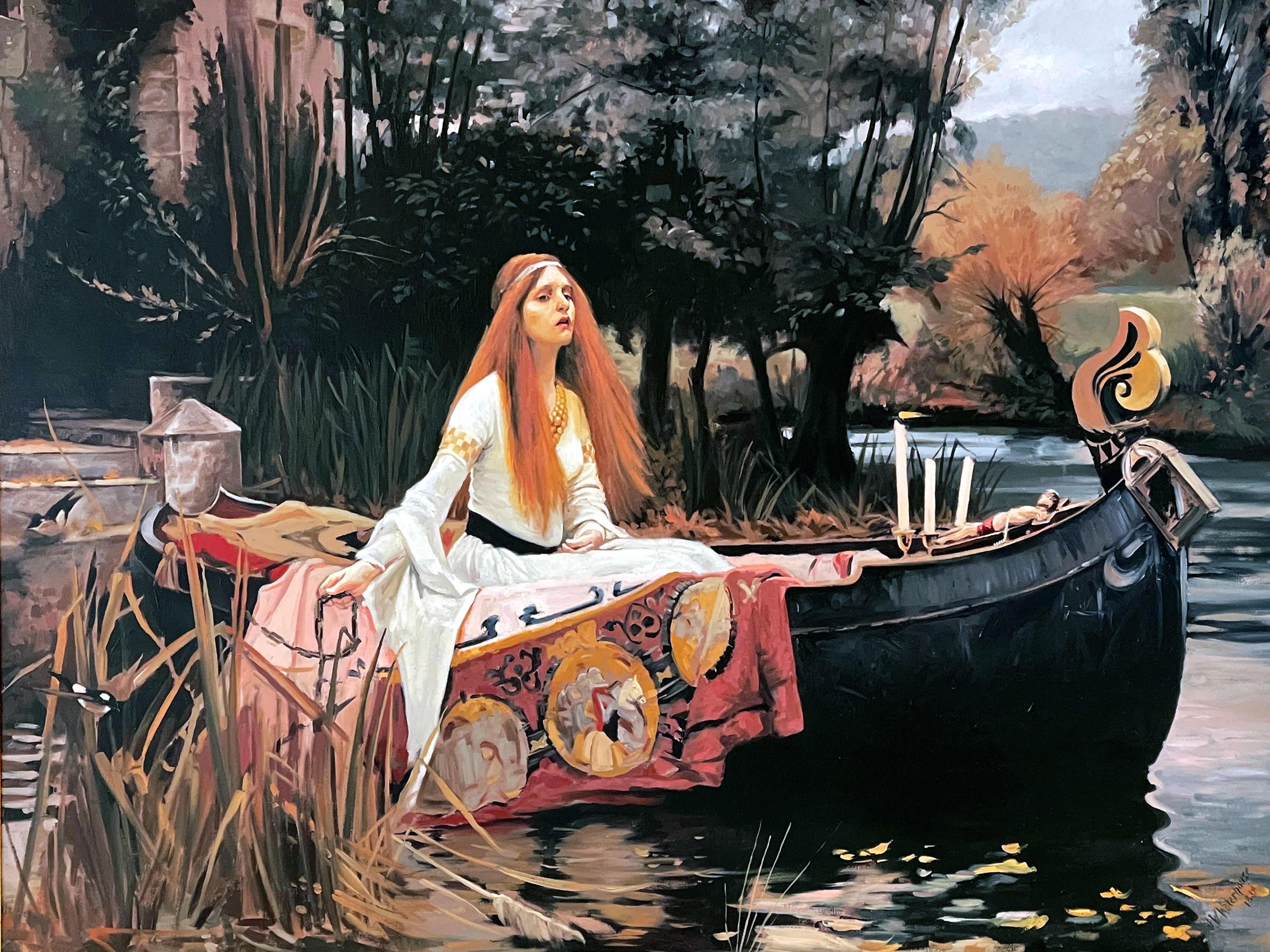 Red-haired woman in white gown sits in boat with candles, looking up.