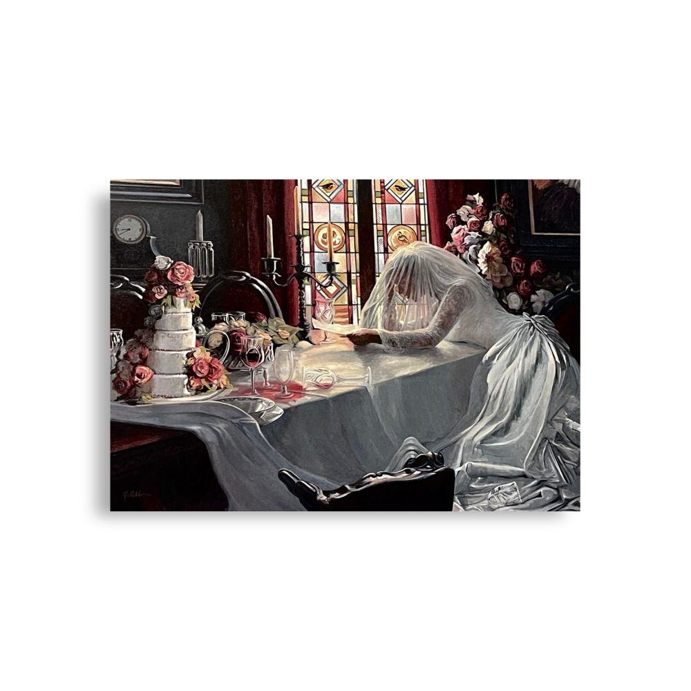 Melancholy bride in white wedding dress, head on table, untouched cake.