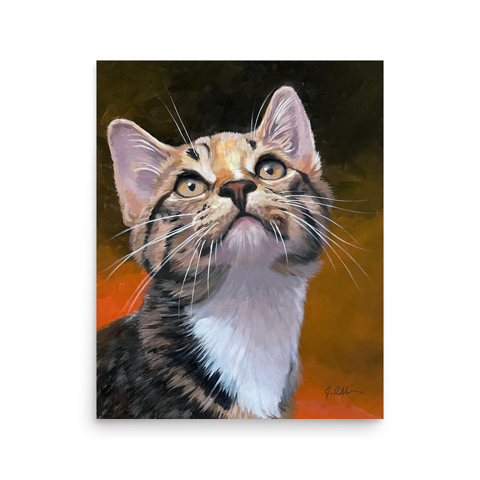 Thumbnail: Close-up painting of a tabby cat looking up intently, bright eyes.