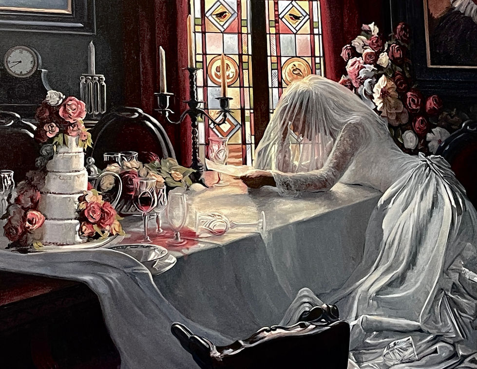 Distressed bride at wedding table, head down, near cake, spilled wine.