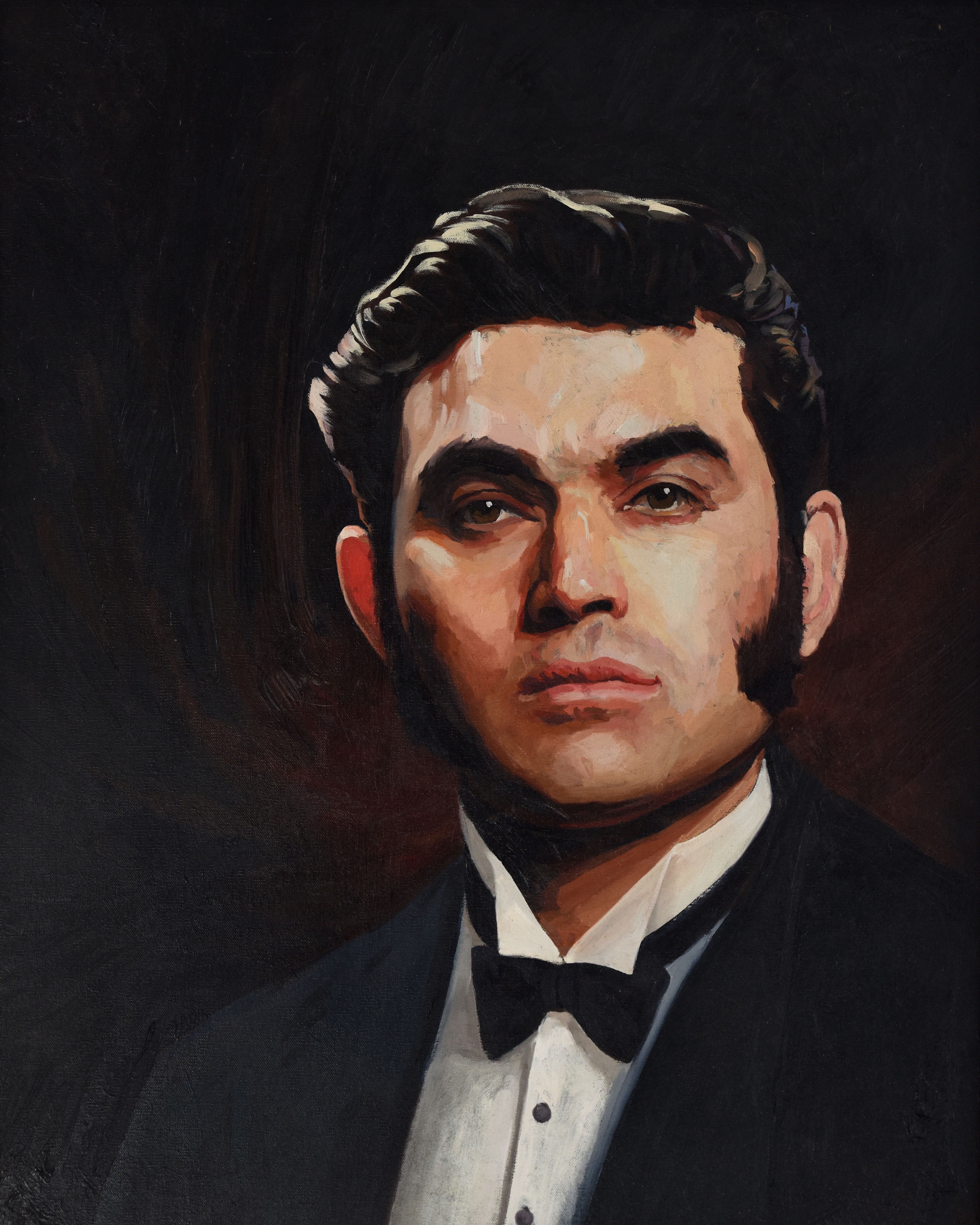 Painting of a man in a black tuxedo with a serious expression.