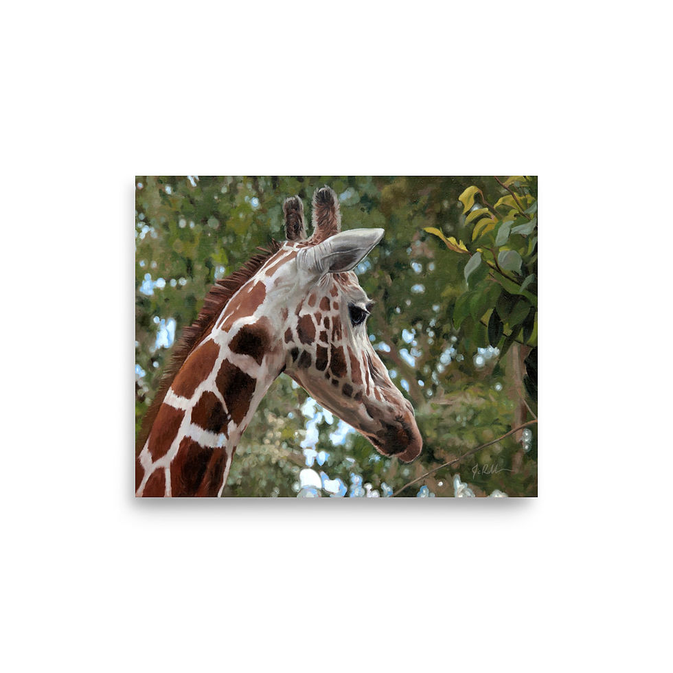Thumbnail: Giraffe head and neck  amidst green foliage.