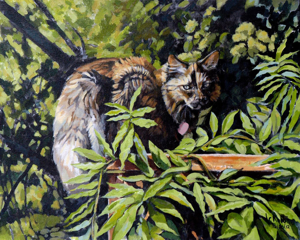 Tortoiseshell cat sits on ledge, tongue out, among green foliage