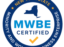 Circular badge with blue border, text "New York State Minority and Women's Business Enterprise" and "MWBE Certified" in blue and gold.
