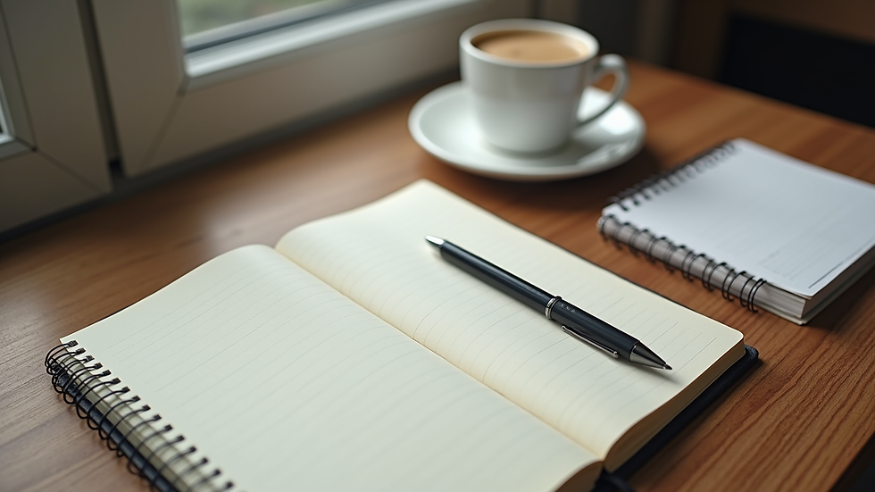 High angle view of a study desk with a notebook, pen, and a cup of coffee