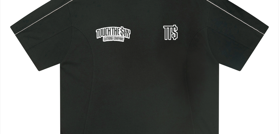 Black athletic t shirt featuring two white logos.