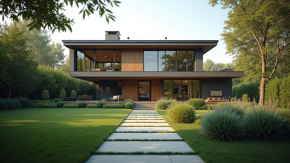 Eye-level view of a modern house with a well-maintained garden