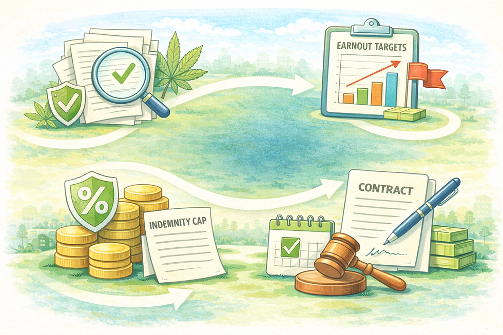 Flowchart depicting business terms: magnifying glass on papers, earnout targets on clipboard, indemnity cap, contract with pen, gavel, coins.