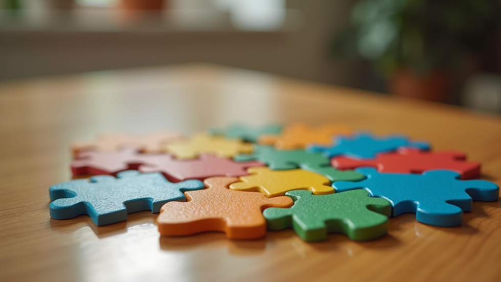 Close-up view of a colorful wooden puzzle on a table