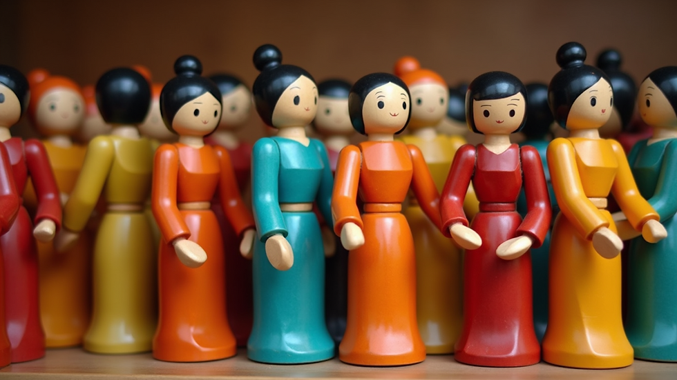 Eye-level view of colorful Vietnamese wooden toys displayed neatly